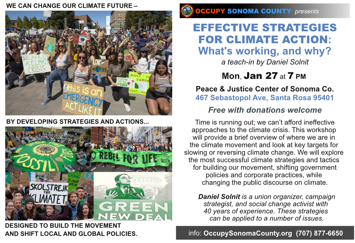 Effective Strategies for Climate Action Teach-in 7 pm; Peace & Justice Center, Santa Rosa